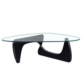 Living Room triangle 12mm tempered glass solid wood base coffee table (Color: Black)
